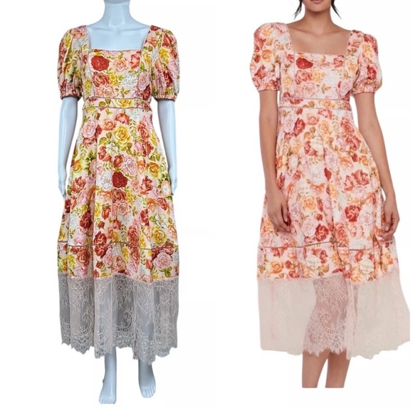 NWT Rachel Parcell Puff Sleeve Midi Dress Lace Trim Pink Floral Size 14 - Picture 1 of 9